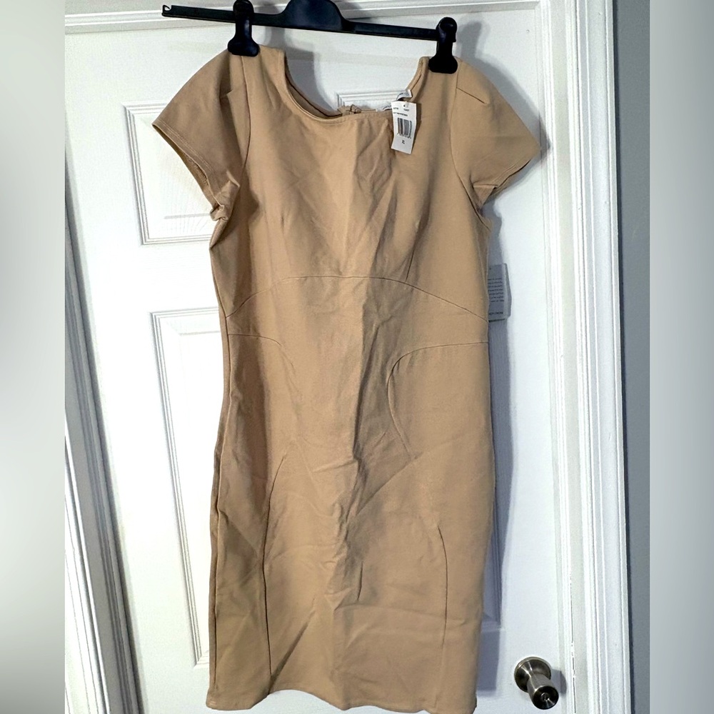 The Vanity Room Tan Sheath Mini Dress Short Sleeve Crew Neck